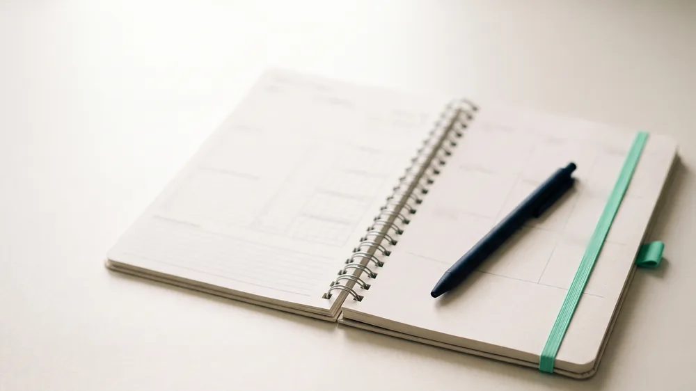 The 28-day plan printed and bound, open on a desk with a pen