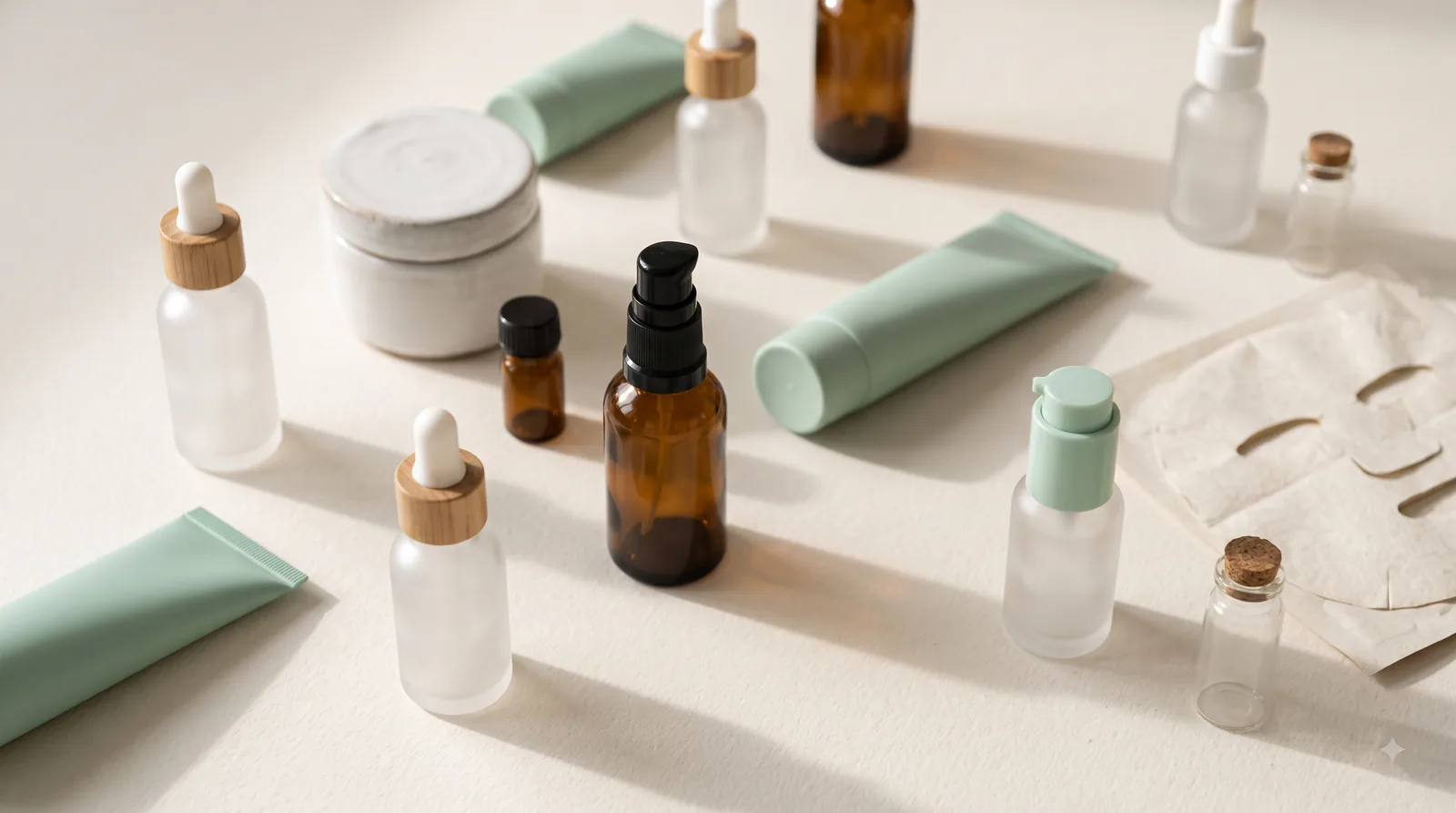 Eleven unbranded skincare containers arranged on a pale surface: droppers, jars, tubes, ampoules and a sheet mask
